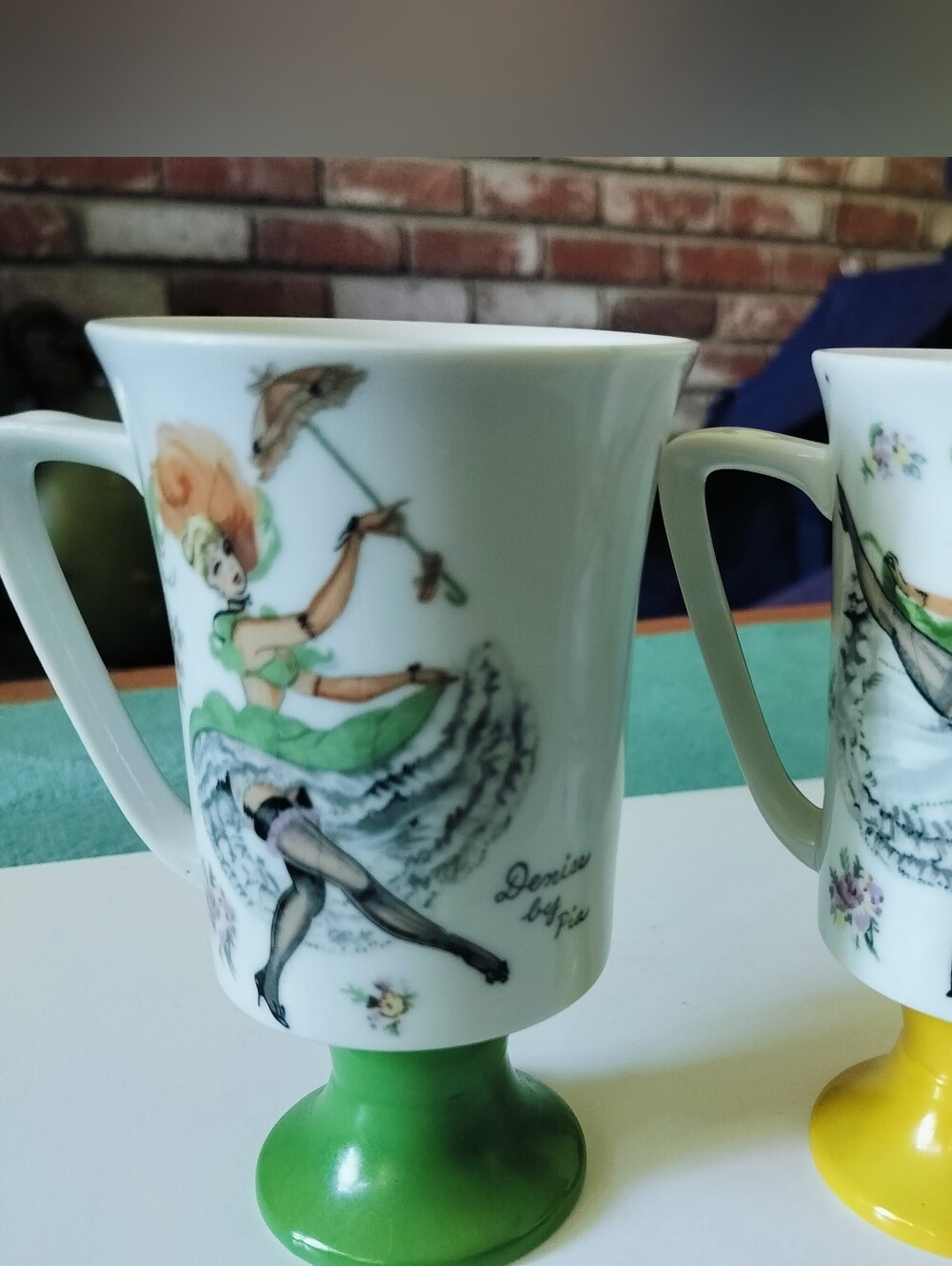 1972 Arnart Folies Bergere Footed Pedestal Mugs Set of 2 Cabaret Dancer Mugs